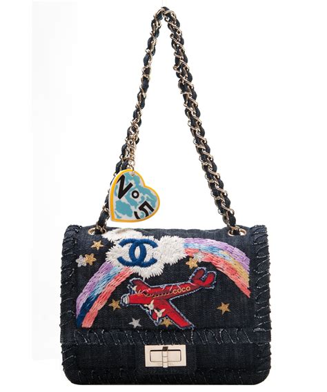 chanel embroidered denim flap bag